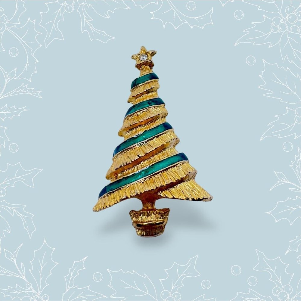 Christmas Tree Brooch Pin Vintage Jewelry Gold-Colored Green Stripes Ribbon Star - Picture 4 of 5